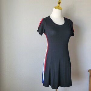 Black Athletic Skater Dress with Striped Side Panels – Sporty Stretchy Mini